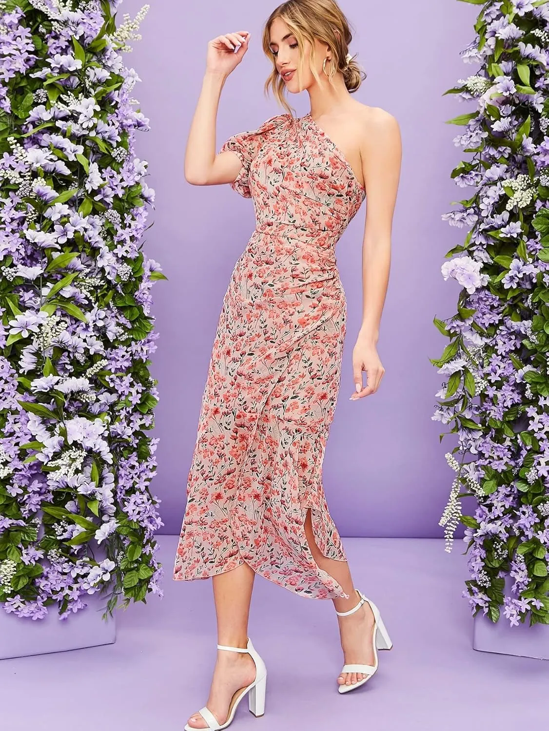 NACUII Womens Floral Mini Dress Belle One Shoulder Ruched Ruffle Hem Floral Dress