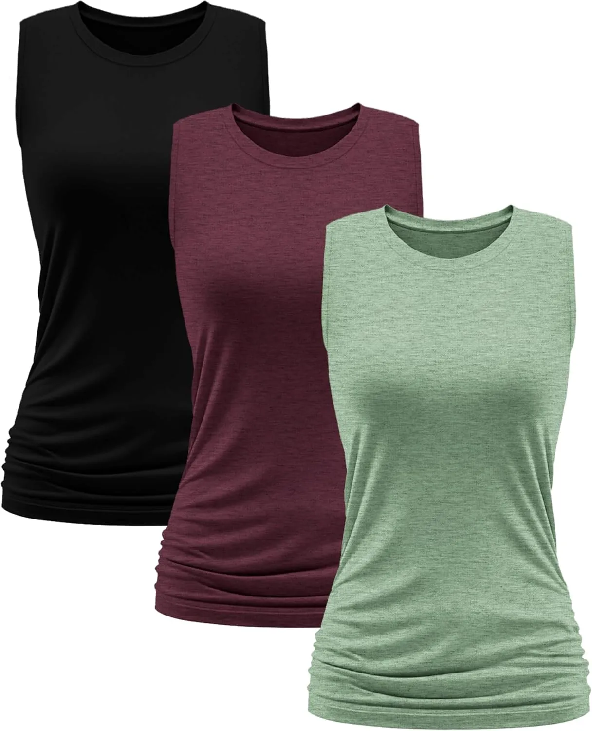 Neer 3 Pack Women's High Neck Tank Tops Cotton Ruched Side Crew Neck Sleeveless Shirts Soft Casual Summer Workout Tees