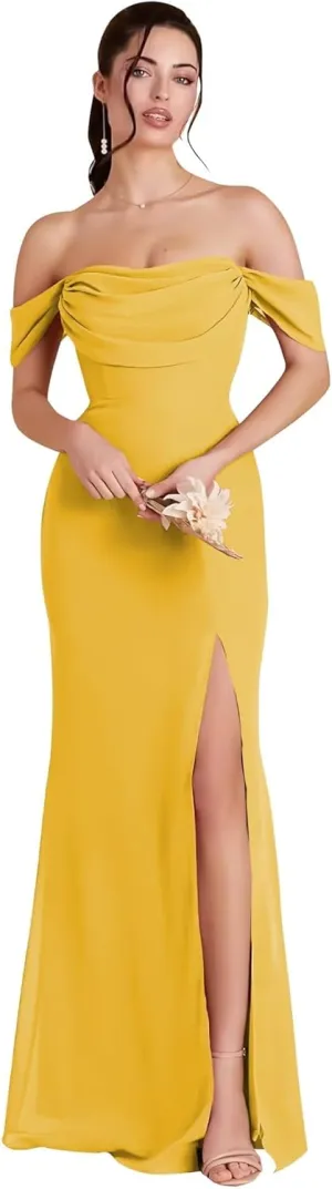 Nicktane Off Shoulder Chiffon Bridesmaid Dresses for Wedding Split Prom Dresses Long Formal Evening Gowns