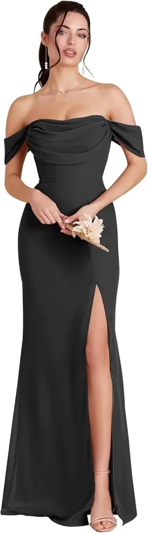 Nicktane Off Shoulder Chiffon Bridesmaid Dresses for Wedding Split Prom Dresses Long Formal Evening Gowns