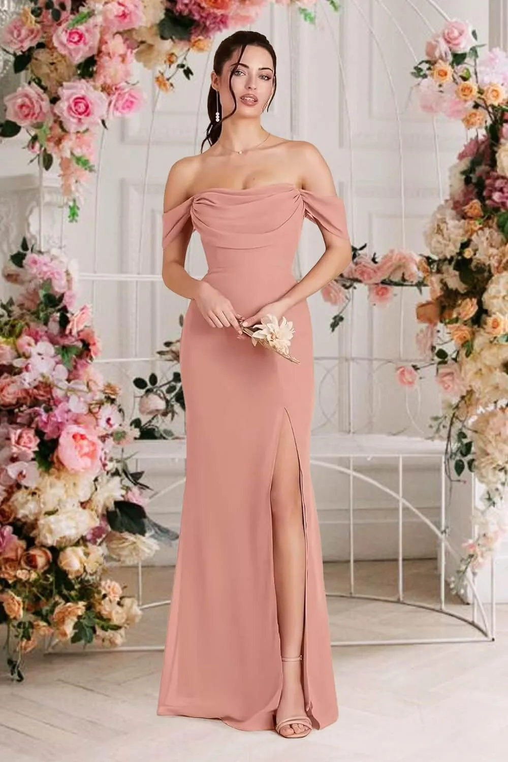 Nicktane Off Shoulder Chiffon Bridesmaid Dresses for Wedding Split Prom Dresses Long Formal Evening Gowns