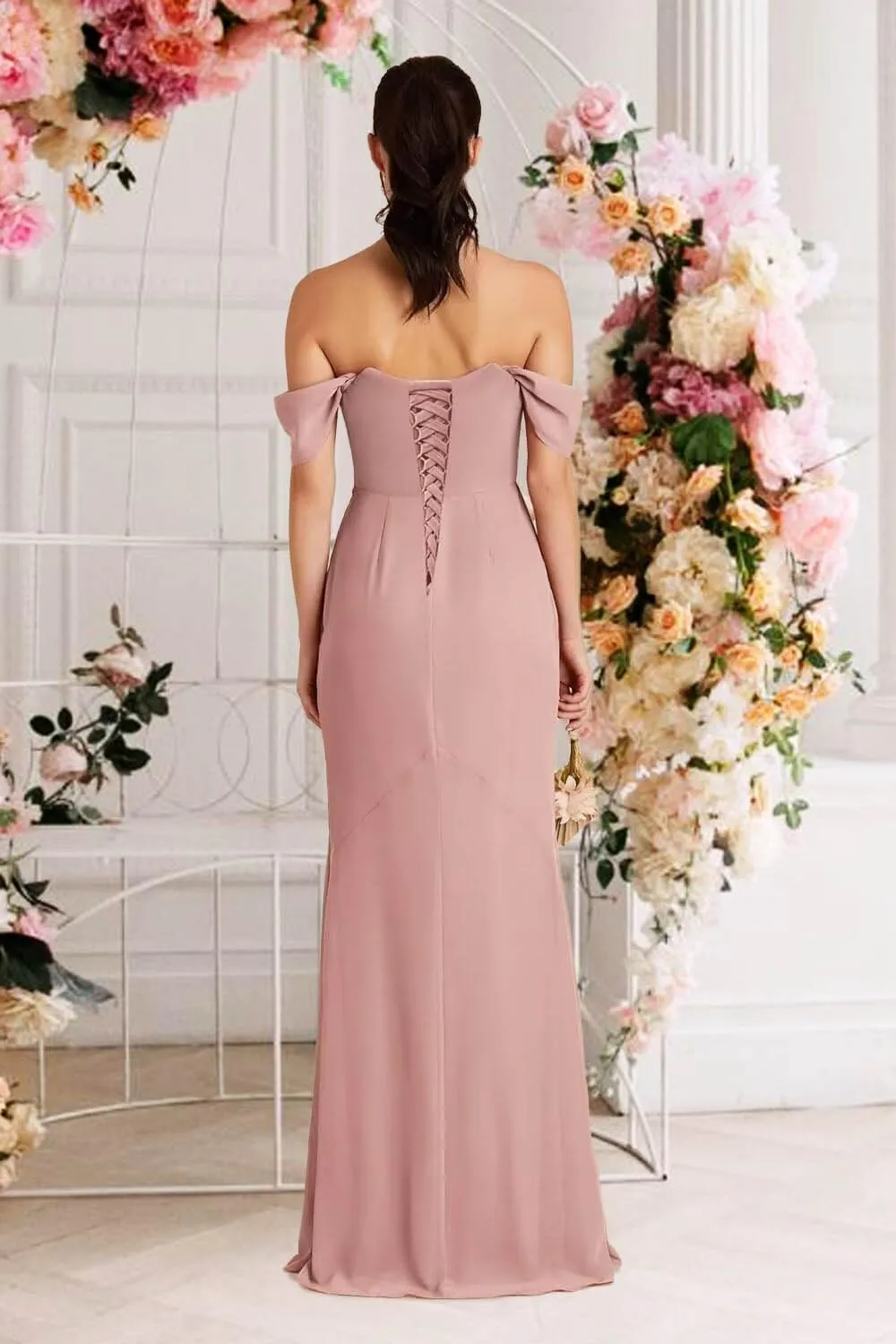 Nicktane Off Shoulder Chiffon Bridesmaid Dresses for Wedding Split Prom Dresses Long Formal Evening Gowns