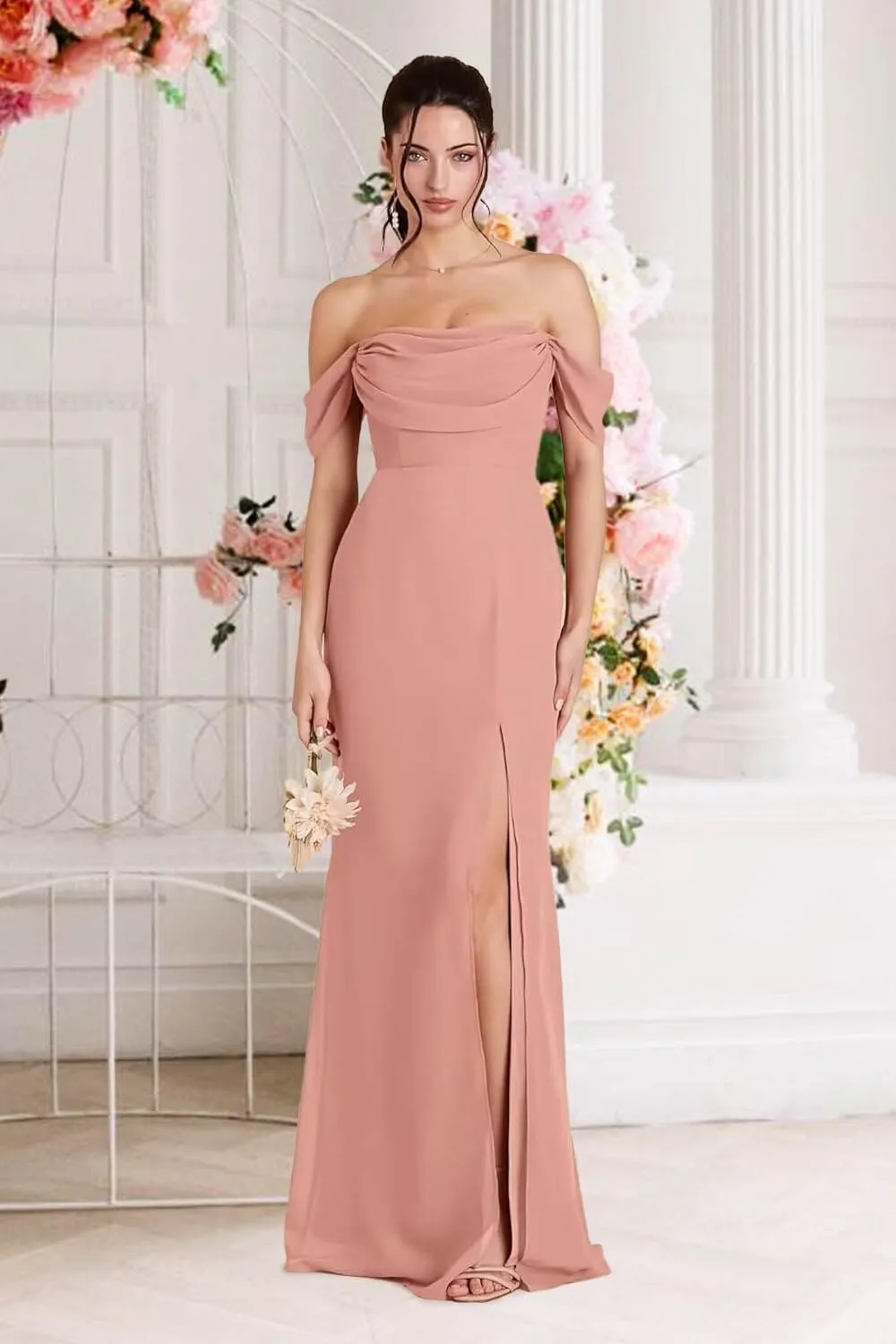 Nicktane Off Shoulder Chiffon Bridesmaid Dresses for Wedding Split Prom Dresses Long Formal Evening Gowns