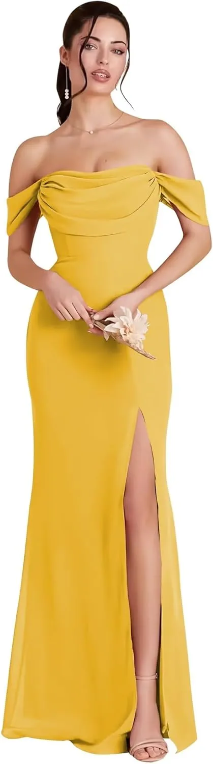 Nicktane Off Shoulder Chiffon Bridesmaid Dresses for Wedding Split Prom Dresses Long Formal Evening Gowns