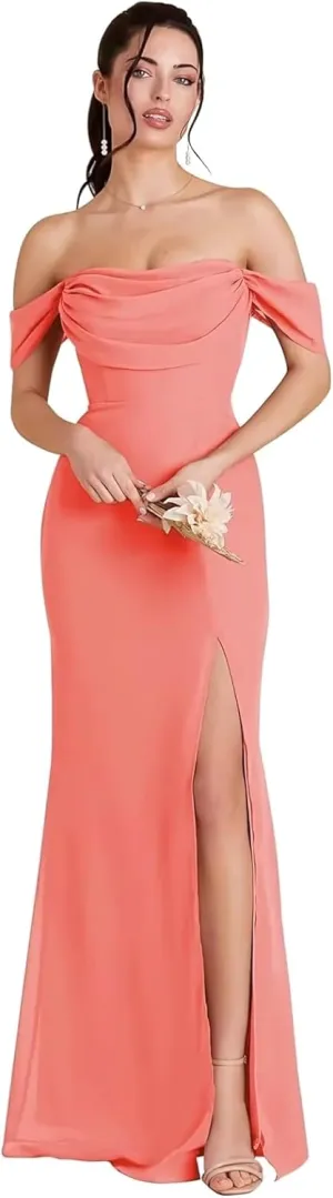 Nicktane Off Shoulder Chiffon Bridesmaid Dresses for Wedding Split Prom Dresses Long Formal Evening Gowns