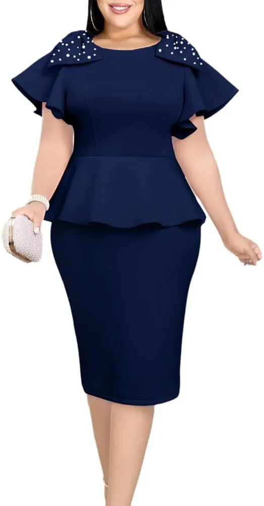 ONTINVA Women's Plus Size Pencil Dress Bowtie Beaded Ruffle Flared Sleeves Wedding Guest Dress Party Work Dresses