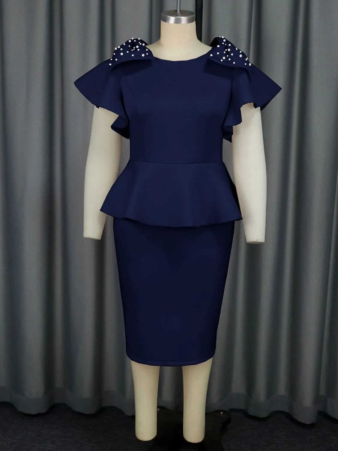 ONTINVA Women's Plus Size Pencil Dress Bowtie Beaded Ruffle Flared Sleeves Wedding Guest Dress Party Work Dresses