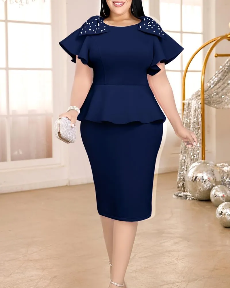 ONTINVA Women's Plus Size Pencil Dress Bowtie Beaded Ruffle Flared Sleeves Wedding Guest Dress Party Work Dresses