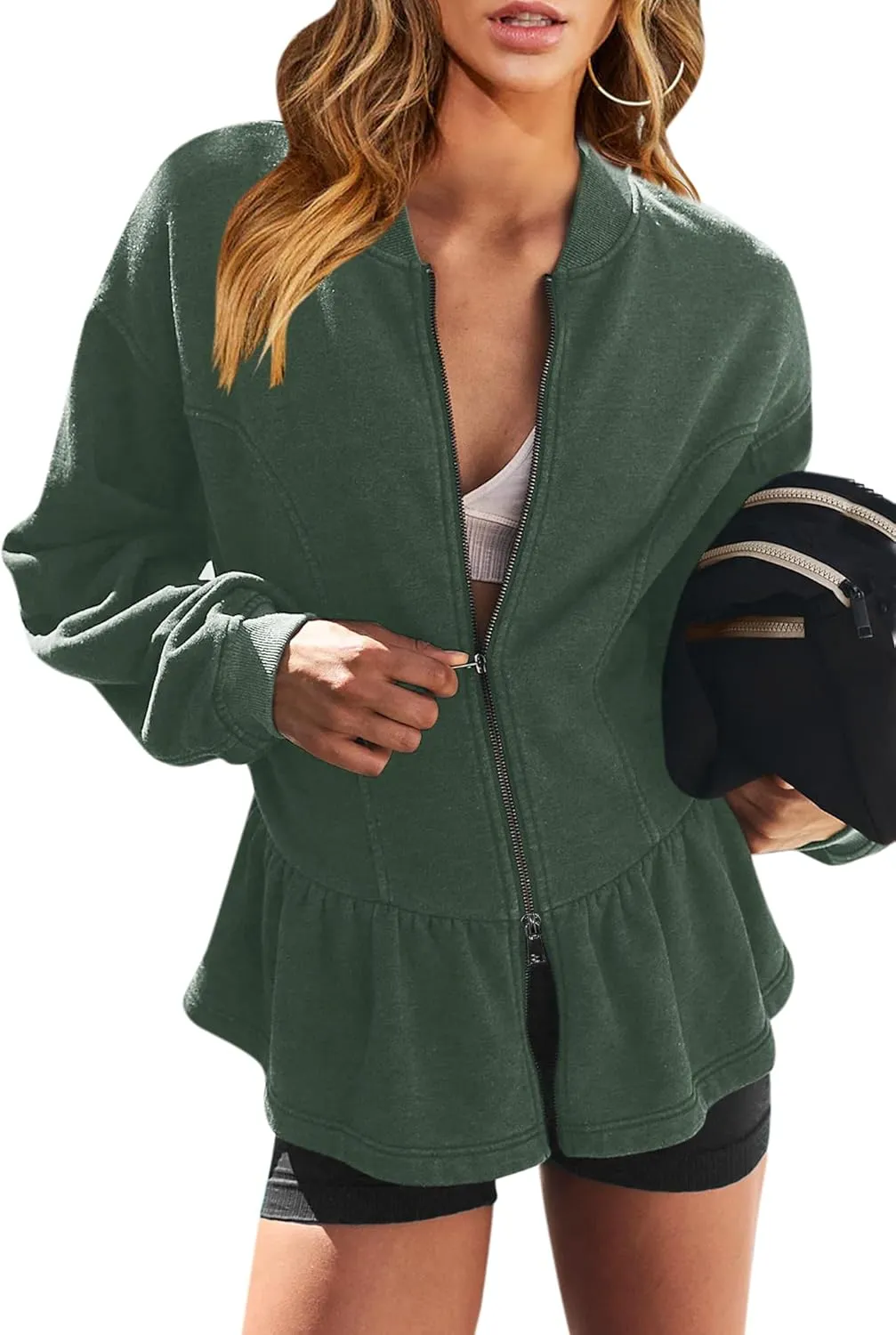 Orchidays Women's Zip Up Peplum Sweatshirts Jackets Long Sleeve Casual Loose Outwear Ruffle Hem Cardigan
