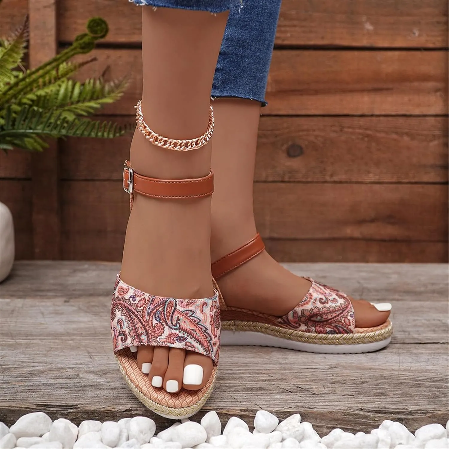 Orthopedic Platform Wedge Sandals for Women Summer Espadrilles Dressy Strappy Slip on Boho Casual Open Toe Ankle Strap Sandals Espadrille Fish Mouth Solid Color Fashion Low-Cut Wedges Sandal