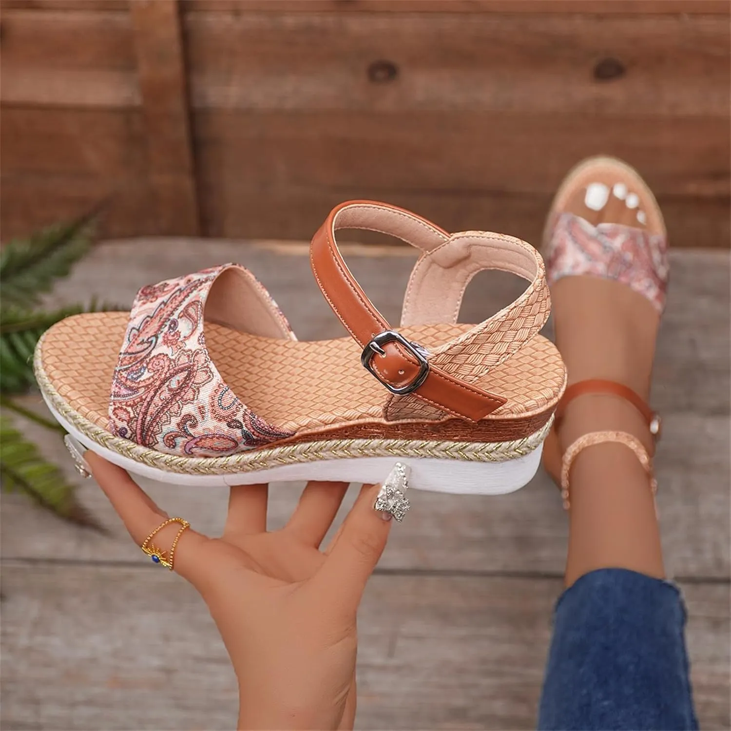 Orthopedic Platform Wedge Sandals for Women Summer Espadrilles Dressy Strappy Slip on Boho Casual Open Toe Ankle Strap Sandals Espadrille Fish Mouth Solid Color Fashion Low-Cut Wedges Sandal