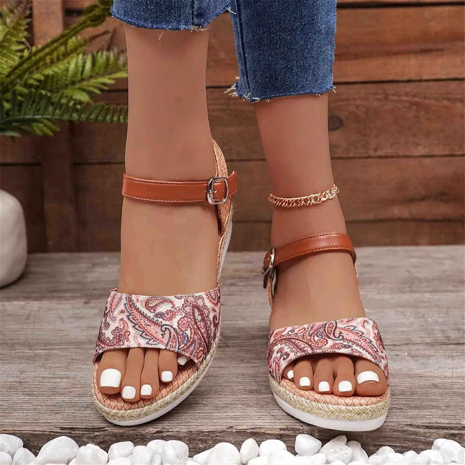 Orthopedic Platform Wedge Sandals for Women Summer Espadrilles Dressy Strappy Slip on Boho Casual Open Toe Ankle Strap Sandals Espadrille Fish Mouth Solid Color Fashion Low-Cut Wedges Sandal