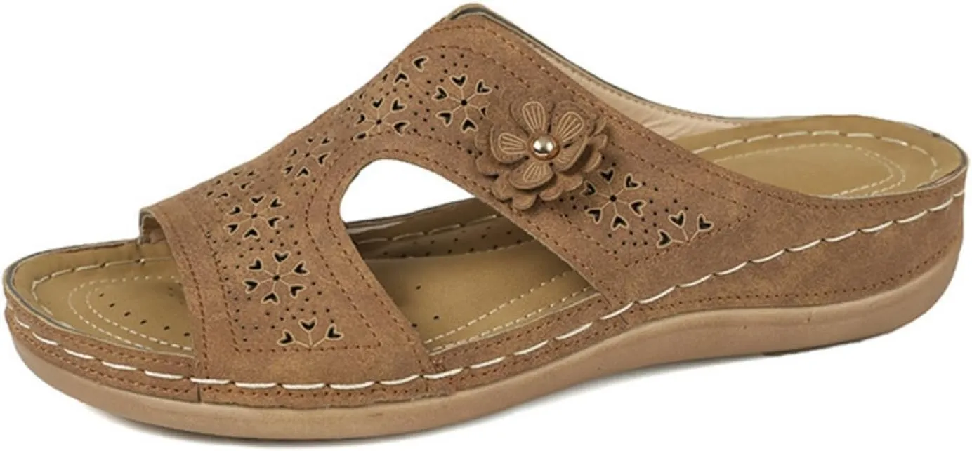 Orthopedic Sandals for Women Arch Support Walking Sandals Slip On Comfortable Open Toe Dressy Platform Sandal Hollow Out Flower Lightweight Walking Wedge Flip Flops Summer Casual Orthopedic Slippers