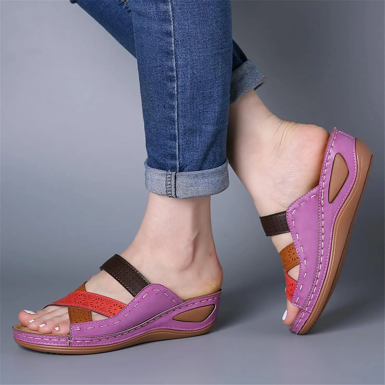 Orthopedic Sandals for Women Summer Platform Sandals Open Toe Hollow Out Breathable Slippers, Comfortable Slip On Walking Slippers with Arch Support All Day Comfort