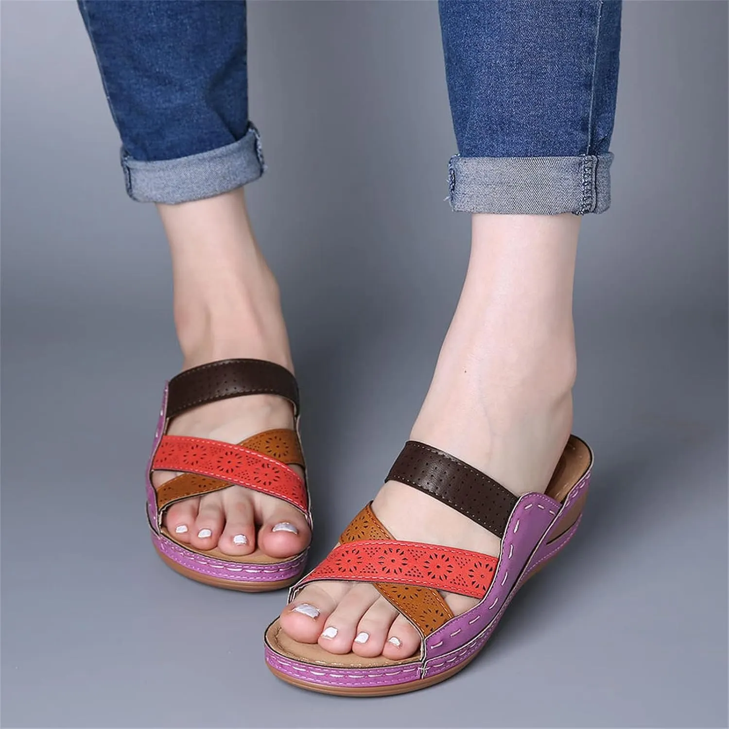 Orthopedic Sandals for Women Summer Platform Sandals Open Toe Hollow Out Breathable Slippers, Comfortable Slip On Walking Slippers with Arch Support All Day Comfort