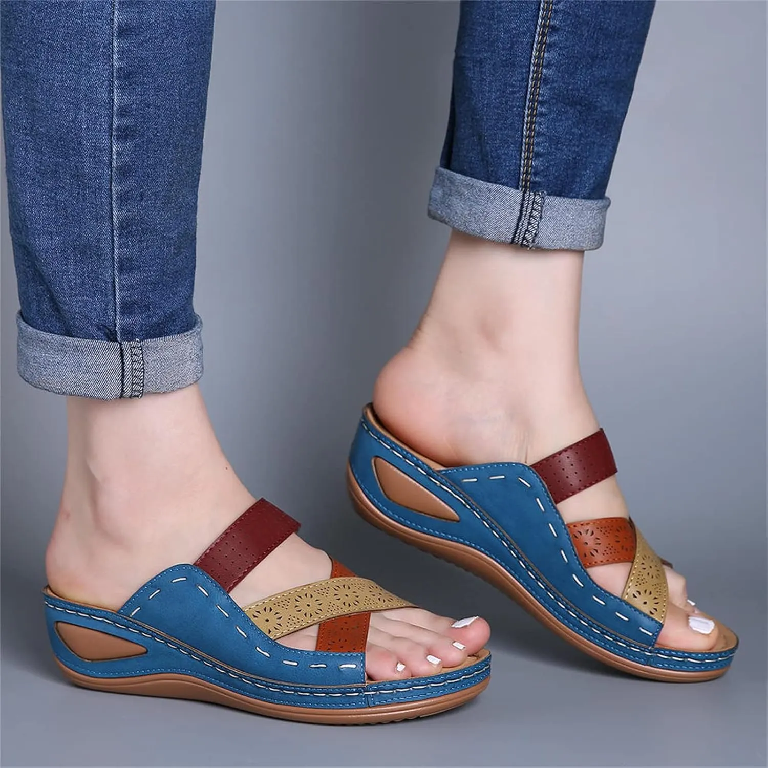 Orthopedic Sandals for Women Summer Platform Sandals Open Toe Hollow Out Breathable Slippers, Comfortable Slip On Walking Slippers with Arch Support All Day Comfort