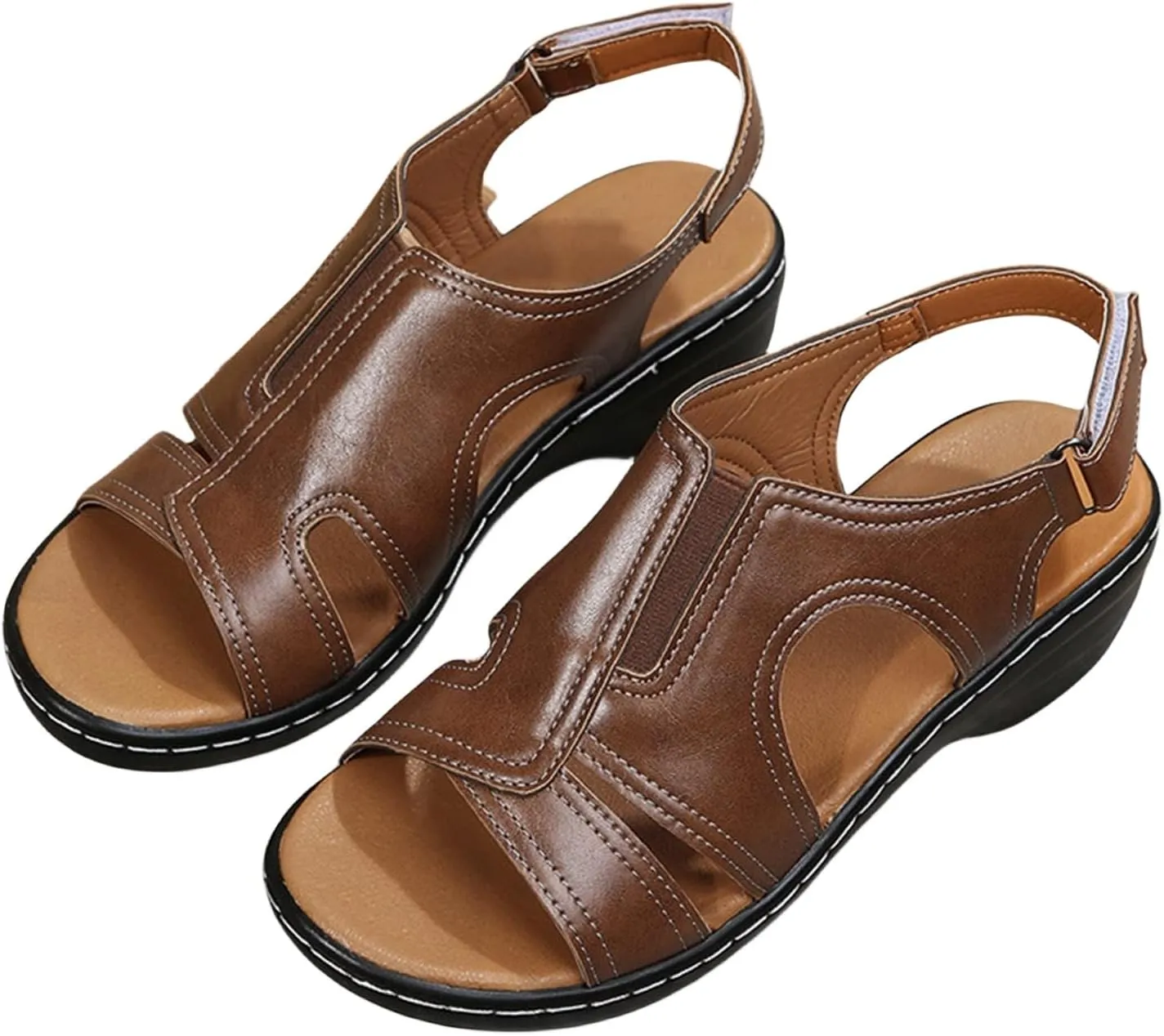 Orthopedic Sandals for Women Wide Width Casual Non-Slip Shoes Women Platform Orthopedic Sandals with Arch Support Stitching Hollow Adjustable Strap Walking Sandal Comfortable Fish Mouth Wedge Sandal