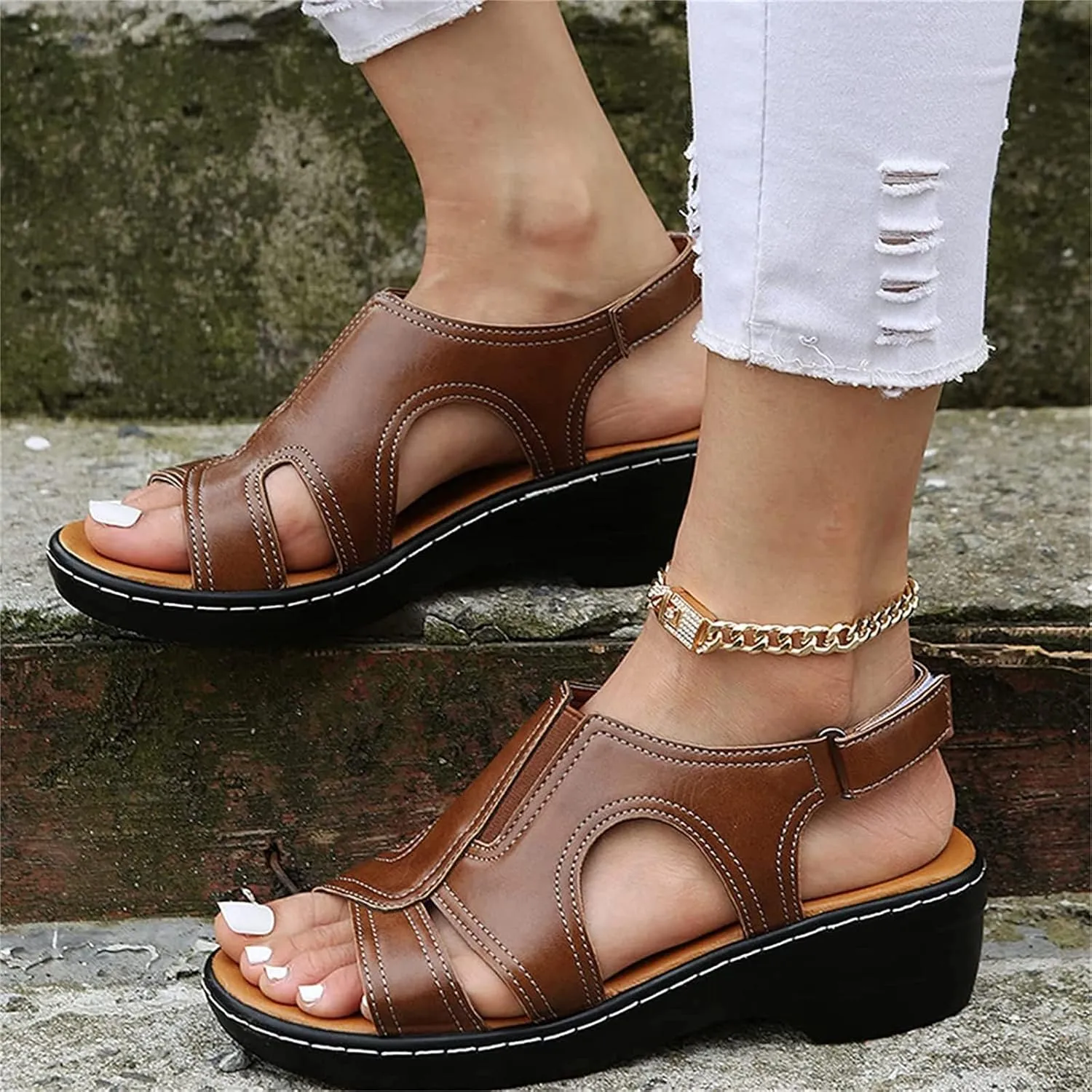 Orthopedic Sandals for Women Wide Width Casual Non-Slip Shoes Women Platform Orthopedic Sandals with Arch Support Stitching Hollow Adjustable Strap Walking Sandal Comfortable Fish Mouth Wedge Sandal