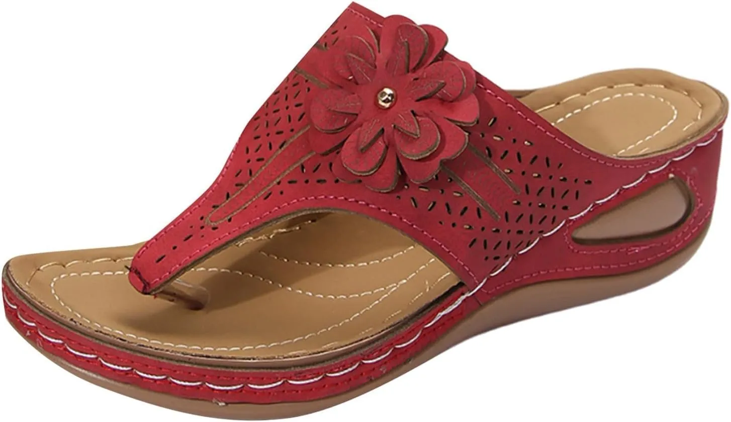 Orthopedic Slippers for Women with Arch Support, Thong Wedge Sandals Dressy, Flower Decoration Hollow Out Flip Flops, Comfortable Breathable Flats, Classic Sandal for Summer Beach, Non Slip Walking