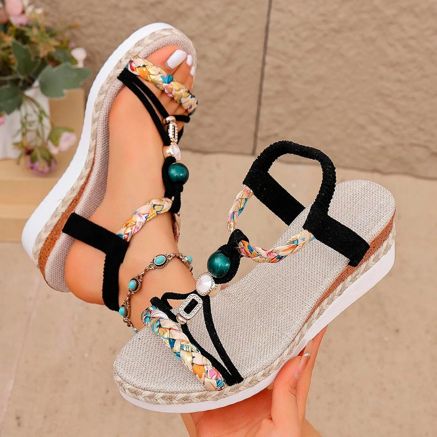 Orthopedic Wedge Sandals for Women Dressy 2025 Low Heels,Wide Width Walking Non Slip Beach Ankle Elastic Bohemian Woven Shoes