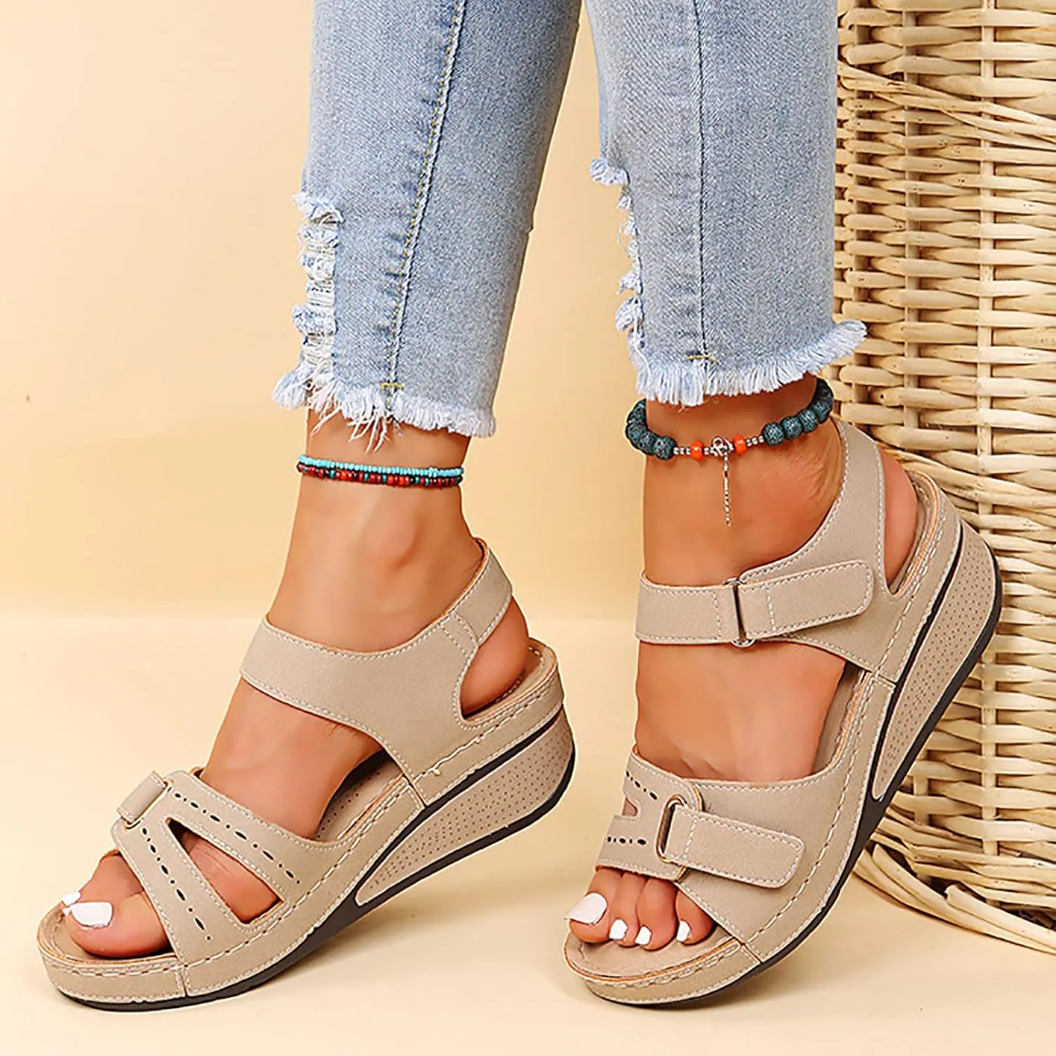 Orthopedic Wedge Sandals for Women Summer Dressy, Open Toe Ankle Strap Platform Sandals Casual Strappy Low Wedges Sandals Zipper Summer Beach Sandals Dress Shoes Comfortable Outdoor Shoes