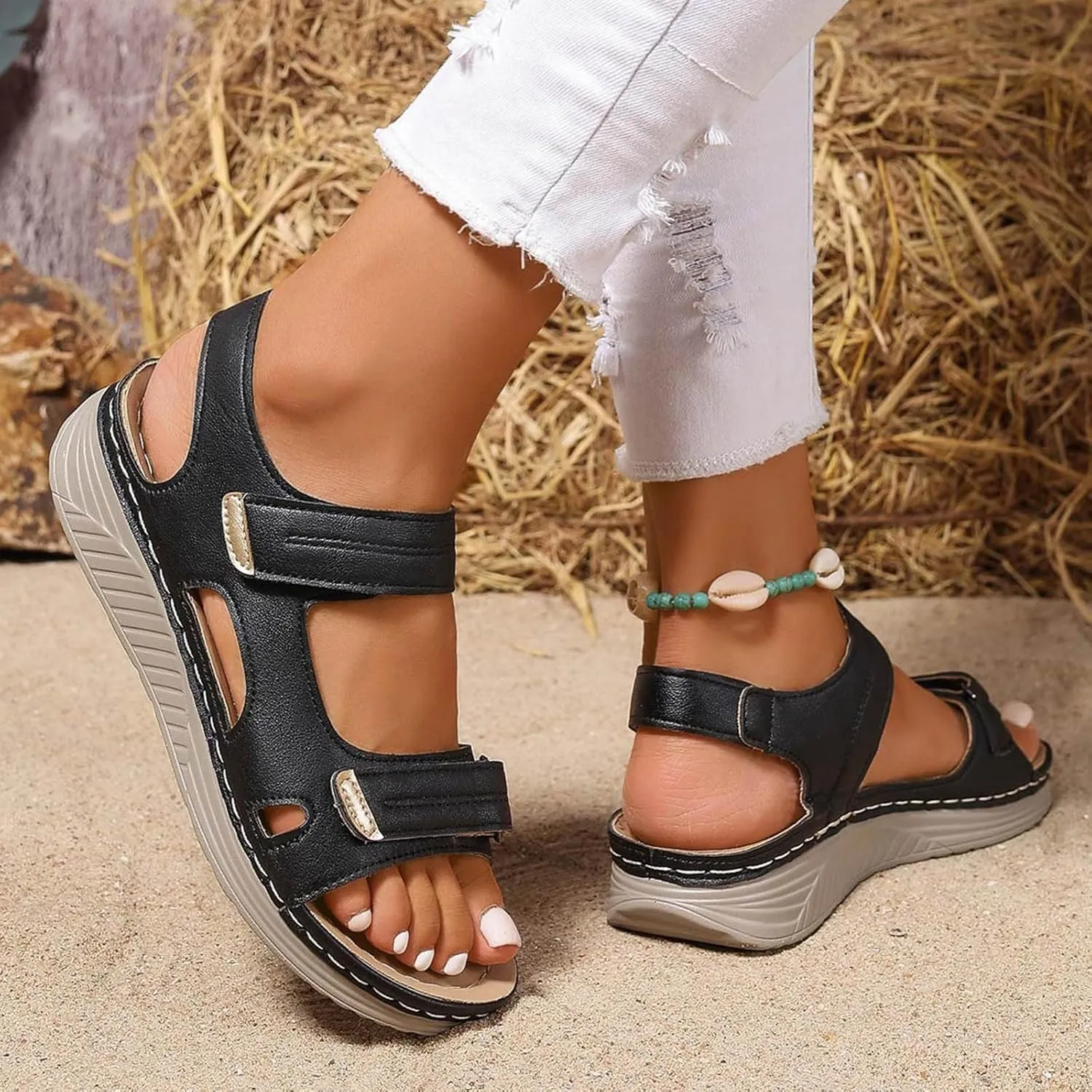 Orthopedic Wedge Sandals for Women Summer Dressy, Open Toe Ankle Strap Platform Sandals Casual Strappy Low Wedges Sandals Zipper Summer Beach Sandals Dress Shoes Comfortable Outdoor Shoes