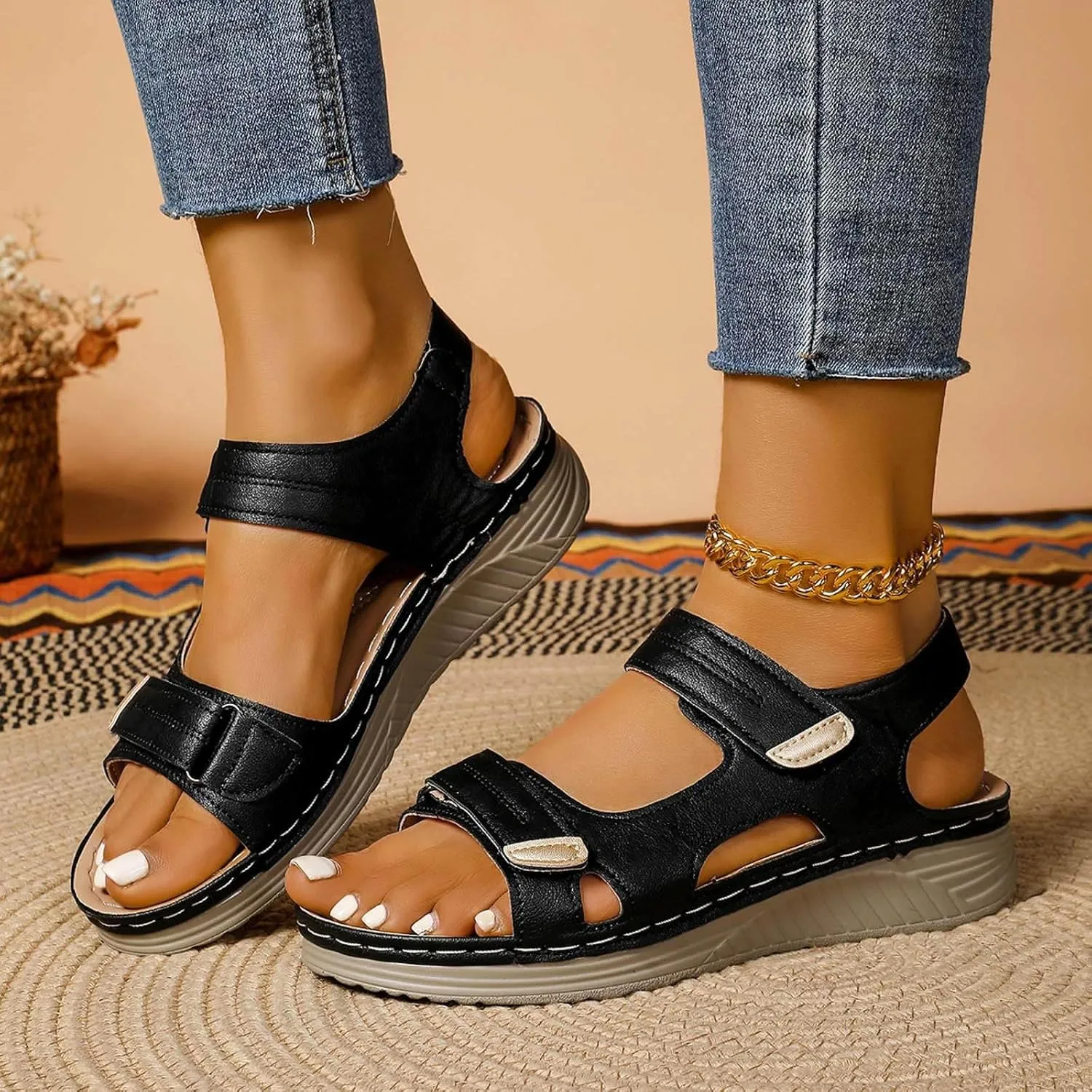 Orthopedic Wedge Sandals for Women Summer Dressy, Open Toe Ankle Strap Platform Sandals Casual Strappy Low Wedges Sandals Zipper Summer Beach Sandals Dress Shoes Comfortable Outdoor Shoes