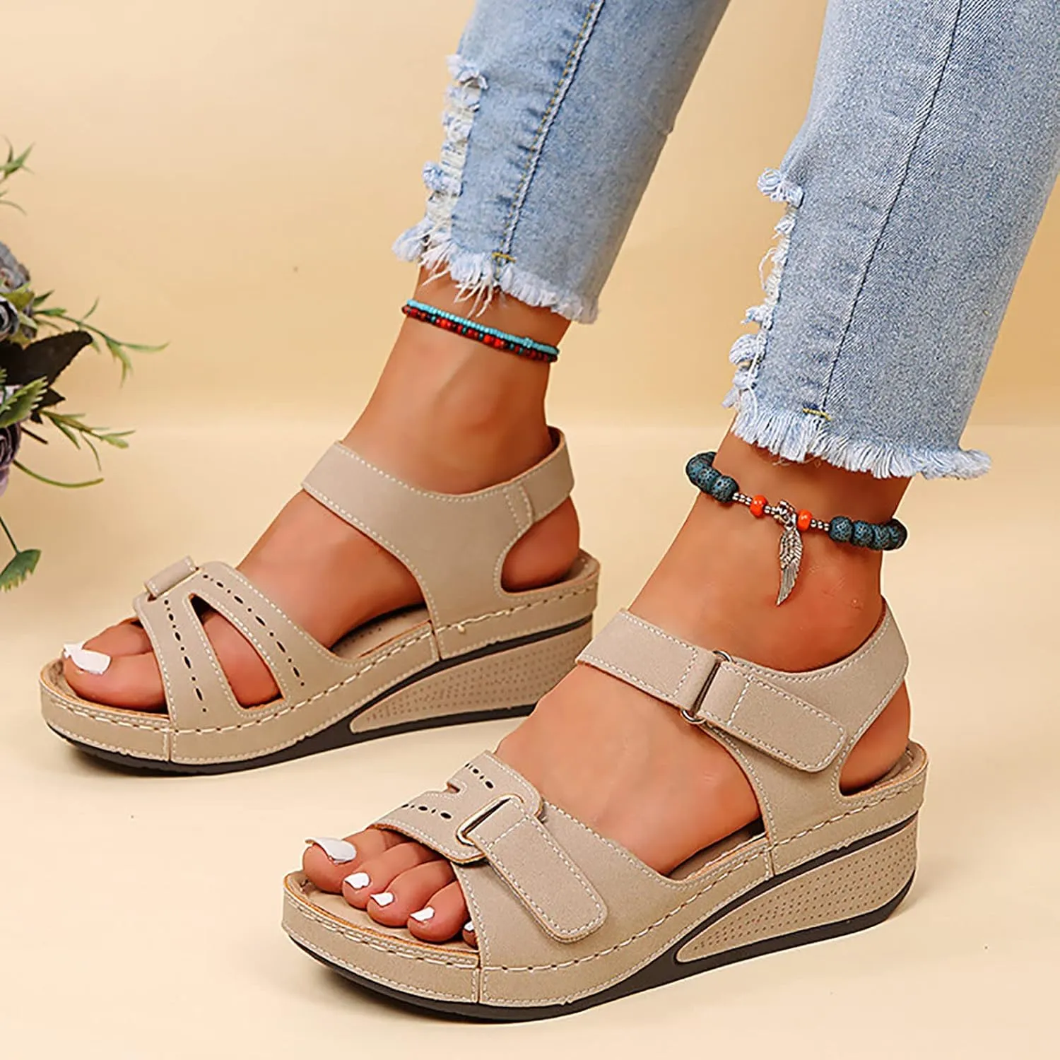 Orthopedic Wedge Sandals for Women Summer Dressy, Open Toe Ankle Strap Platform Sandals Casual Strappy Low Wedges Sandals Zipper Summer Beach Sandals Dress Shoes Comfortable Outdoor Shoes