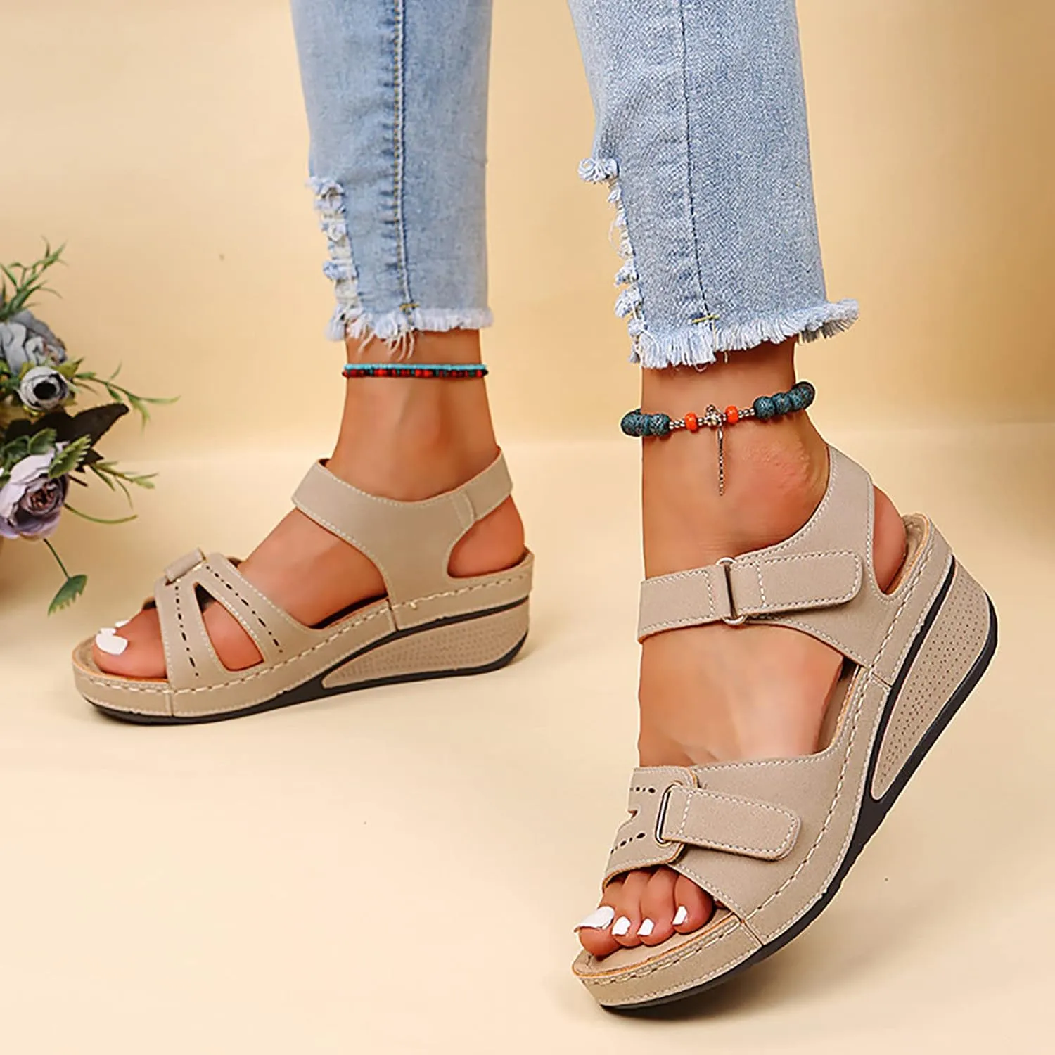 Orthopedic Wedge Sandals for Women Summer Dressy, Open Toe Ankle Strap Platform Sandals Casual Strappy Low Wedges Sandals Zipper Summer Beach Sandals Dress Shoes Comfortable Outdoor Shoes