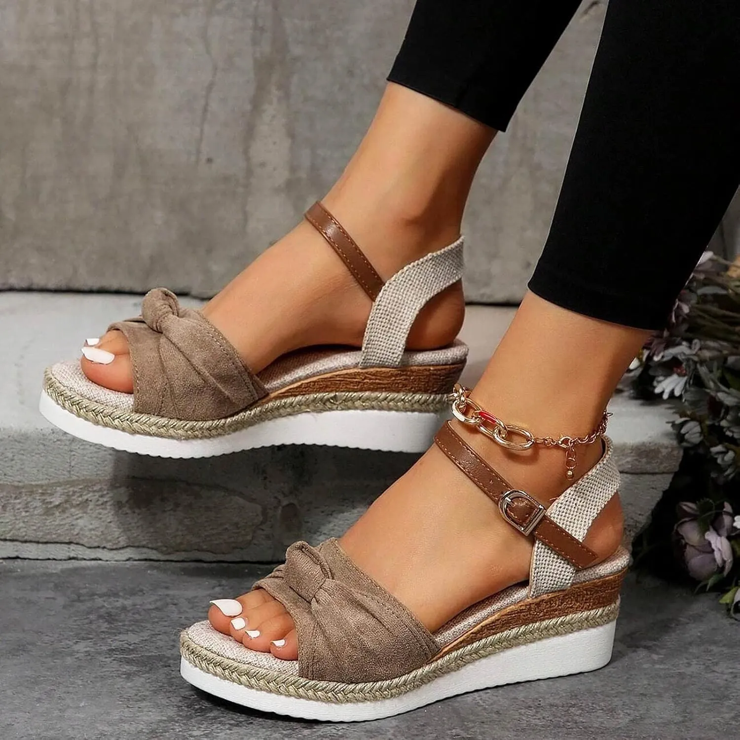 Orthopedic Wedge Sandals for Women Summer Dressy,Mid Heel Espadrilles Wedge Platform Sandals Strappy Low Wedges Slip on Sandals Beach Dress Fashion Shoes Comfortable Outdoor Shoes (5-Khaki, 9)
