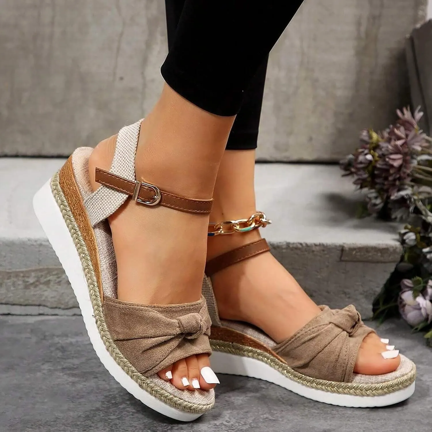 Orthopedic Wedge Sandals for Women Summer Dressy,Mid Heel Espadrilles Wedge Platform Sandals Strappy Low Wedges Slip on Sandals Beach Dress Fashion Shoes Comfortable Outdoor Shoes (5-Khaki, 9)