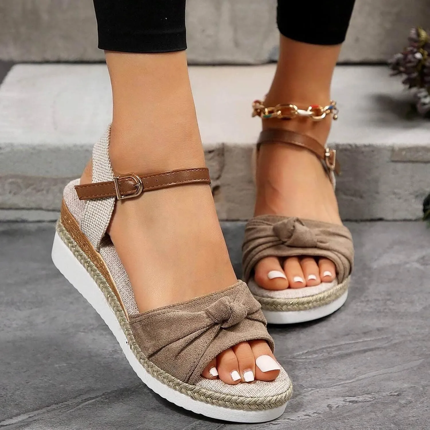 Orthopedic Wedge Sandals for Women Summer Dressy,Mid Heel Espadrilles Wedge Platform Sandals Strappy Low Wedges Slip on Sandals Beach Dress Fashion Shoes Comfortable Outdoor Shoes (5-Khaki, 9)