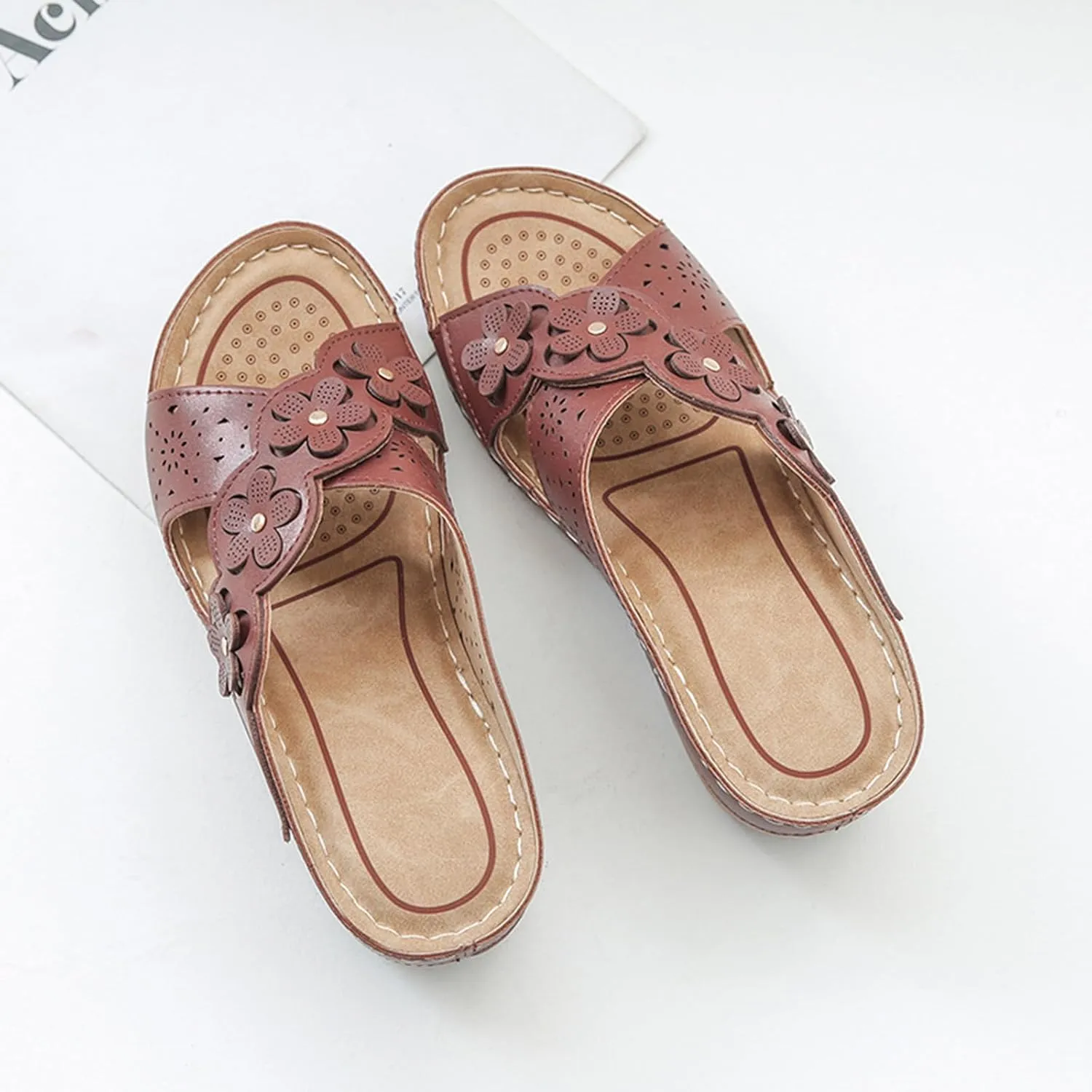 Orthotic Comfortable Women's Platform Wedge Orthopedic Sandals Cross Strap Flowers Slide Breathable Sandals Slip On Walking Slippers with Arch Support Dressy Summer Beach Outdoor Going Out Slipper