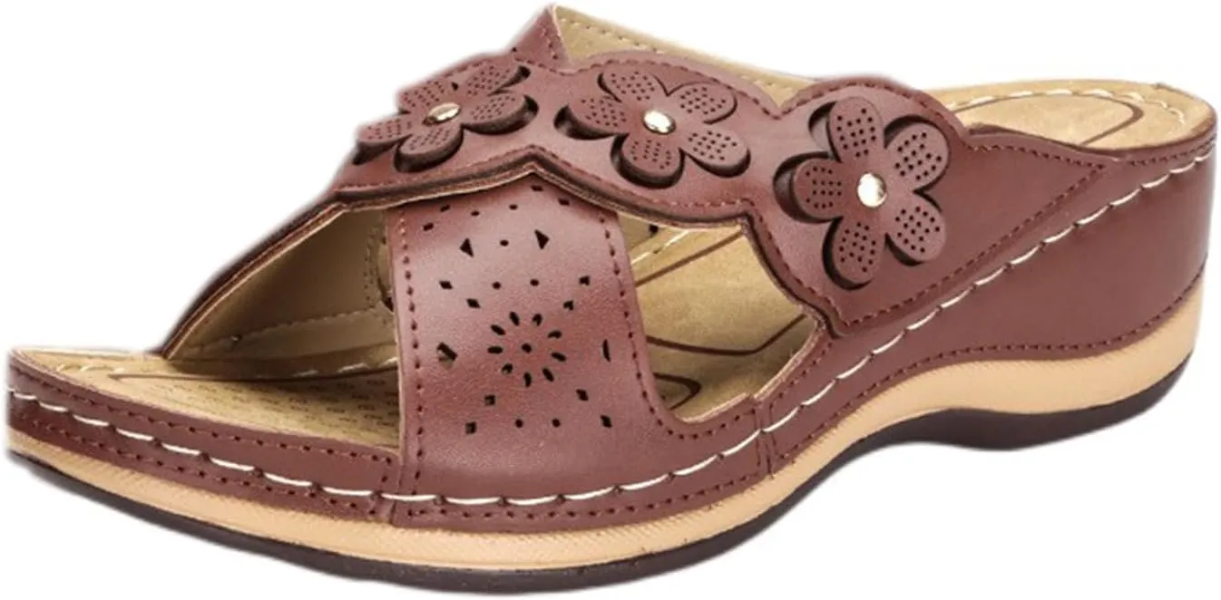 Orthotic Comfortable Women's Platform Wedge Orthopedic Sandals Cross Strap Flowers Slide Breathable Sandals Slip On Walking Slippers with Arch Support Dressy Summer Beach Outdoor Going Out Slipper