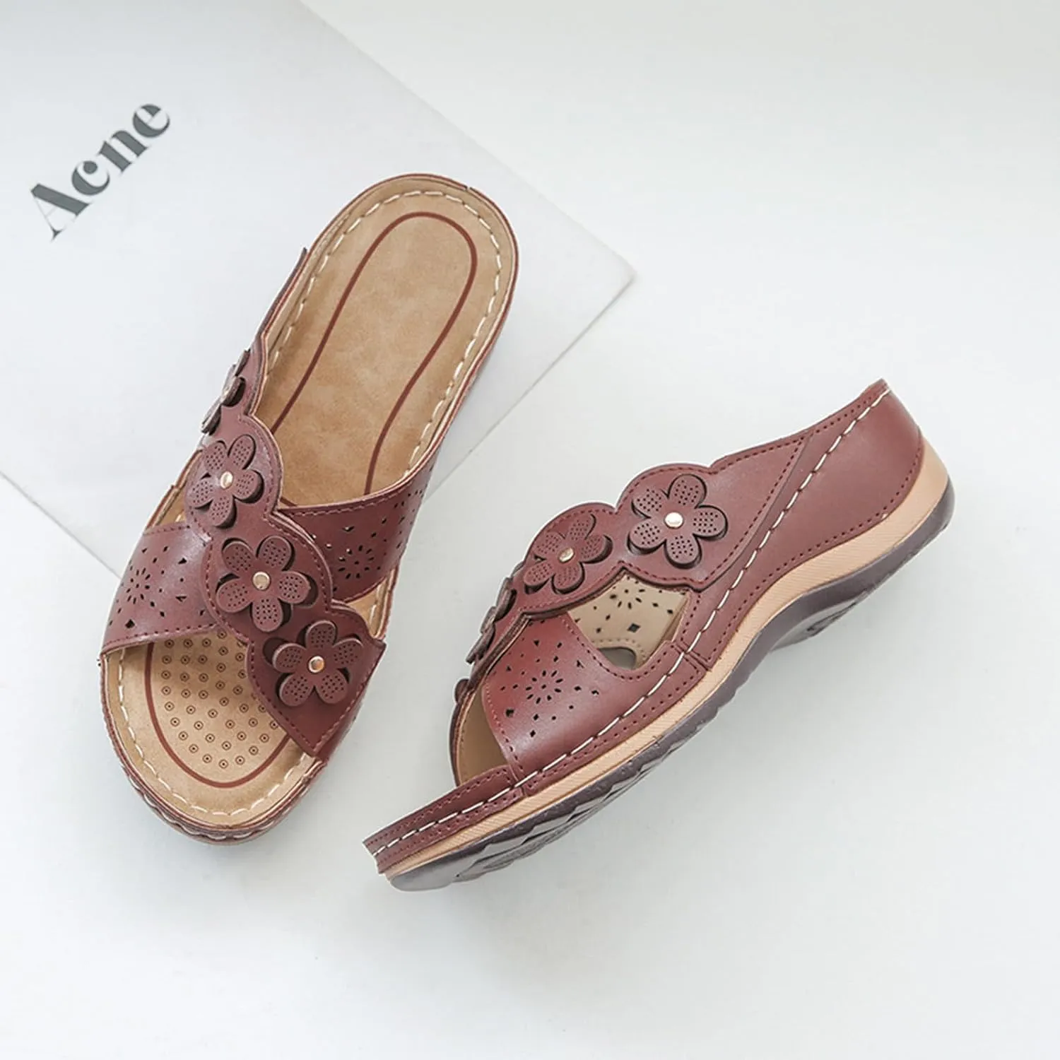 Orthotic Comfortable Women's Platform Wedge Orthopedic Sandals Cross Strap Flowers Slide Breathable Sandals Slip On Walking Slippers with Arch Support Dressy Summer Beach Outdoor Going Out Slipper