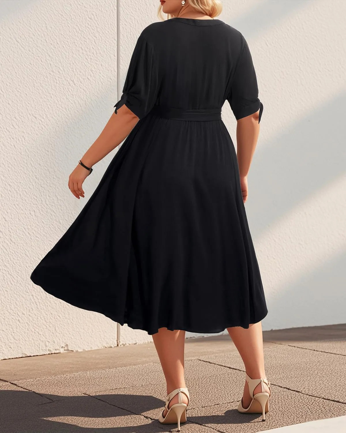 Pinup Fashion Summer Work Dress Plus Size - Office Casual Business Button Front Midi Dress with Pockets