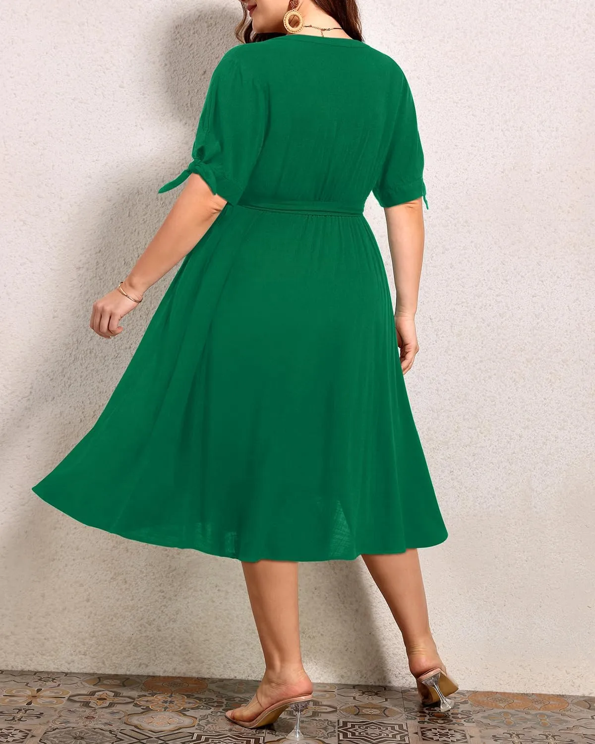 Pinup Fashion Summer Work Dress Plus Size - Office Casual Business Button Front Midi Dress with Pockets