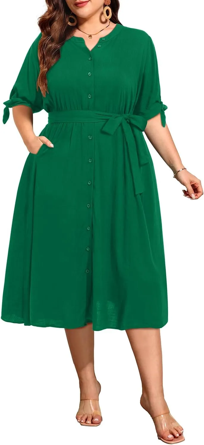 Pinup Fashion Summer Work Dress Plus Size - Office Casual Business Button Front Midi Dress with Pockets