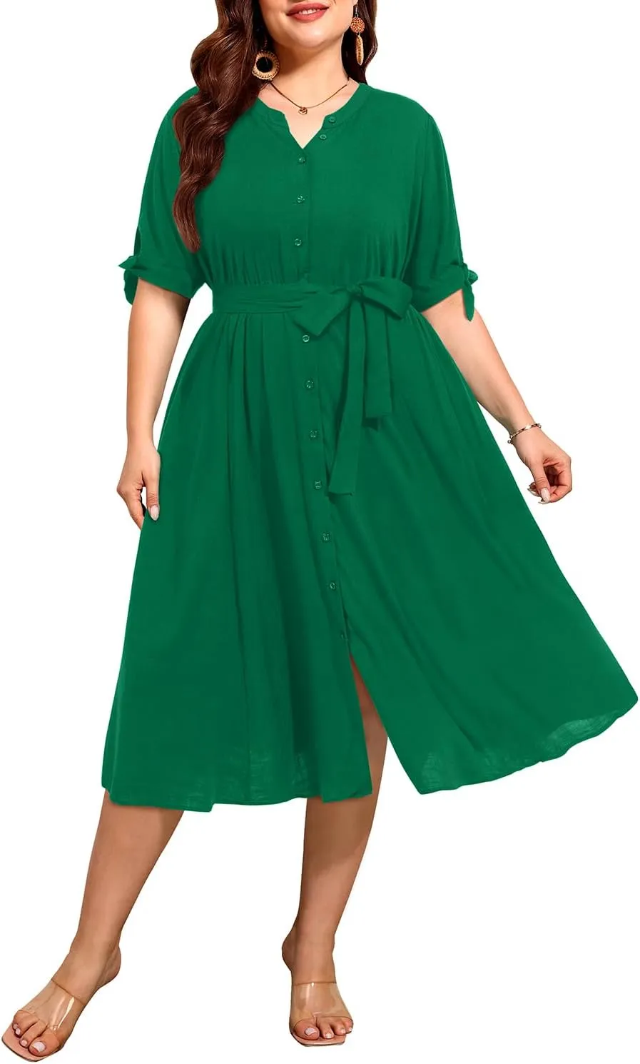 Pinup Fashion Summer Work Dress Plus Size - Office Casual Business Button Front Midi Dress with Pockets