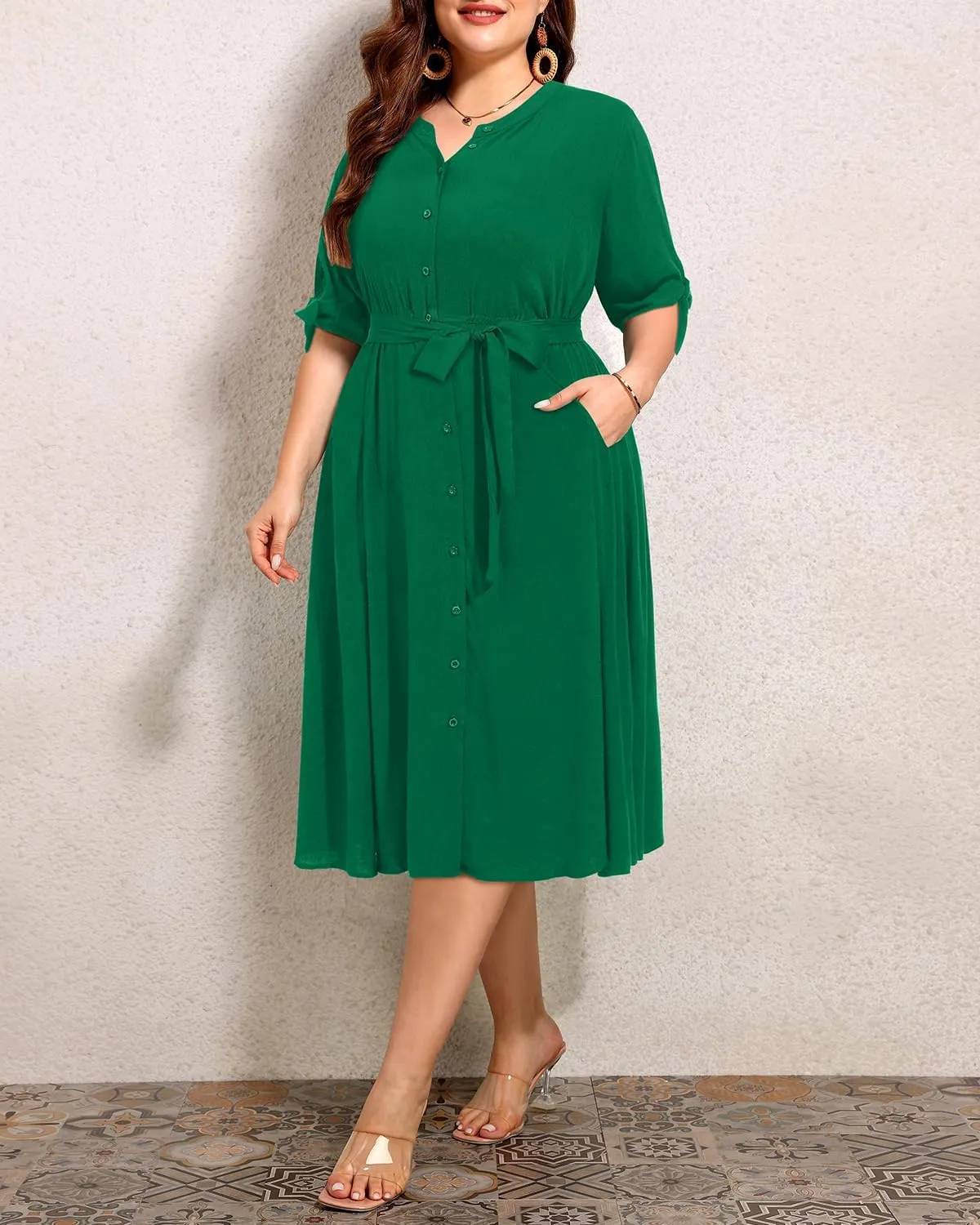 Pinup Fashion Summer Work Dress Plus Size - Office Casual Business Button Front Midi Dress with Pockets