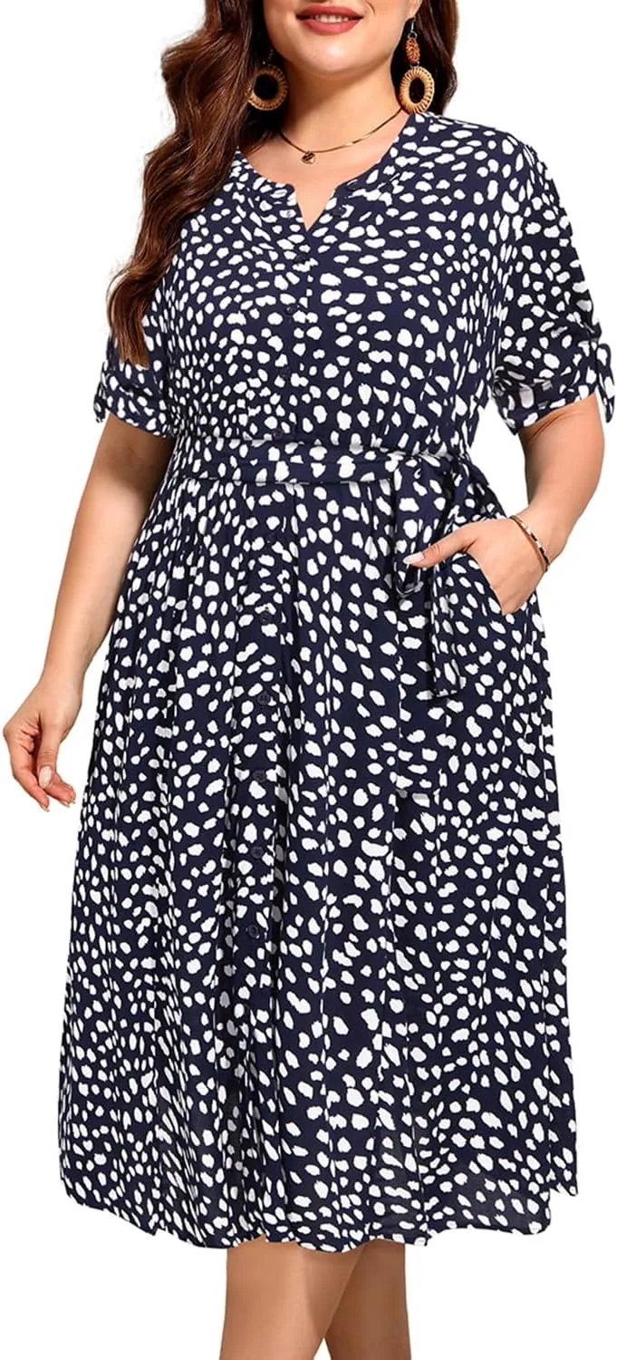 Pinup Fashion Summer Work Dress Plus Size - Office Casual Business Button Front Midi Dress with Pockets