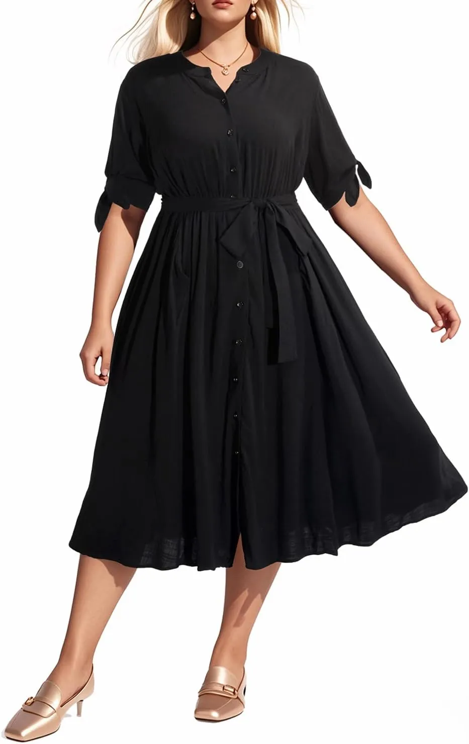 Pinup Fashion Summer Work Dress Plus Size - Office Casual Business Button Front Midi Dress with Pockets