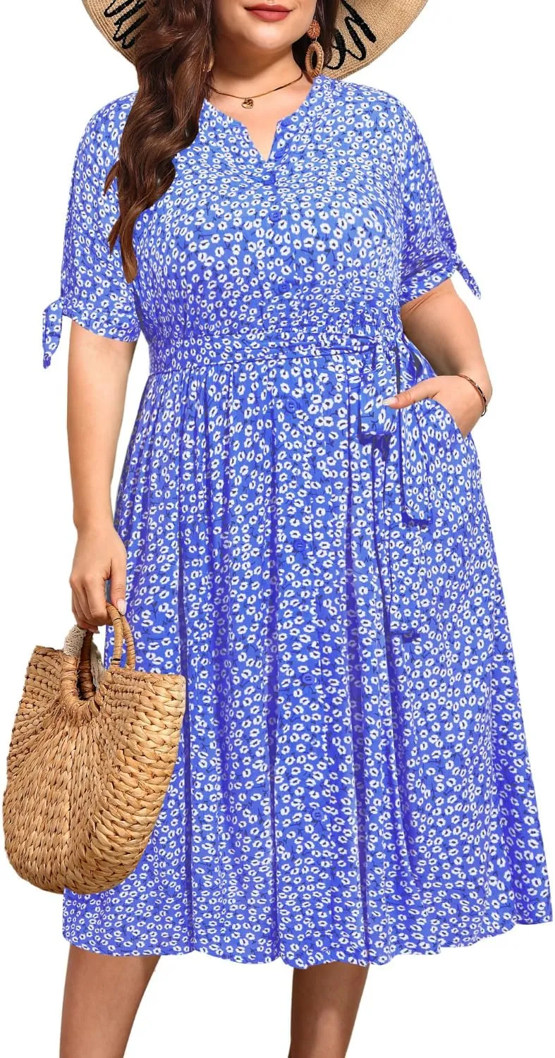 Pinup Fashion Summer Work Dress Plus Size - Office Casual Business Button Front Midi Dress with Pockets
