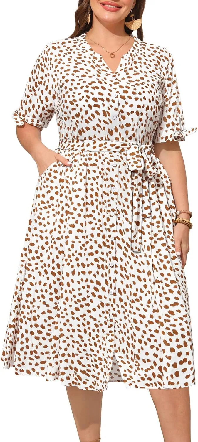Pinup Fashion Summer Work Dress Plus Size - Office Casual Business Button Front Midi Dress with Pockets