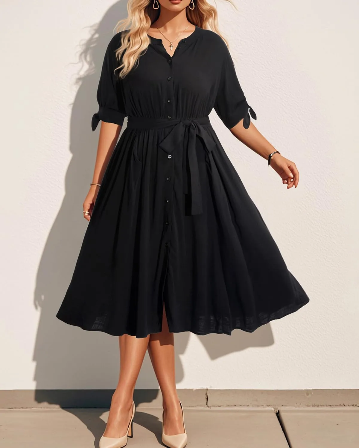 Pinup Fashion Summer Work Dress Plus Size - Office Casual Business Button Front Midi Dress with Pockets