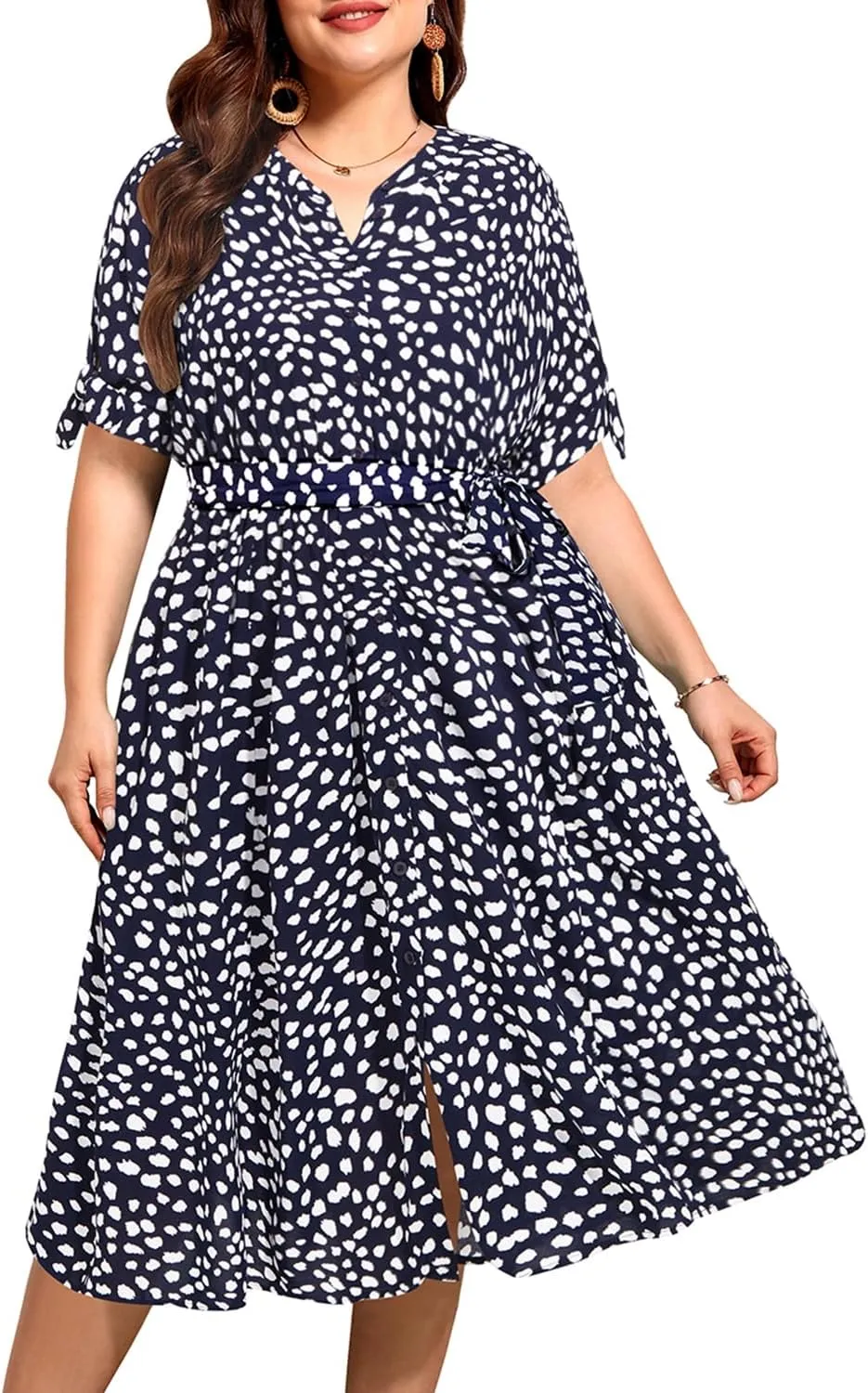 Pinup Fashion Summer Work Dress Plus Size - Office Casual Business Button Front Midi Dress with Pockets