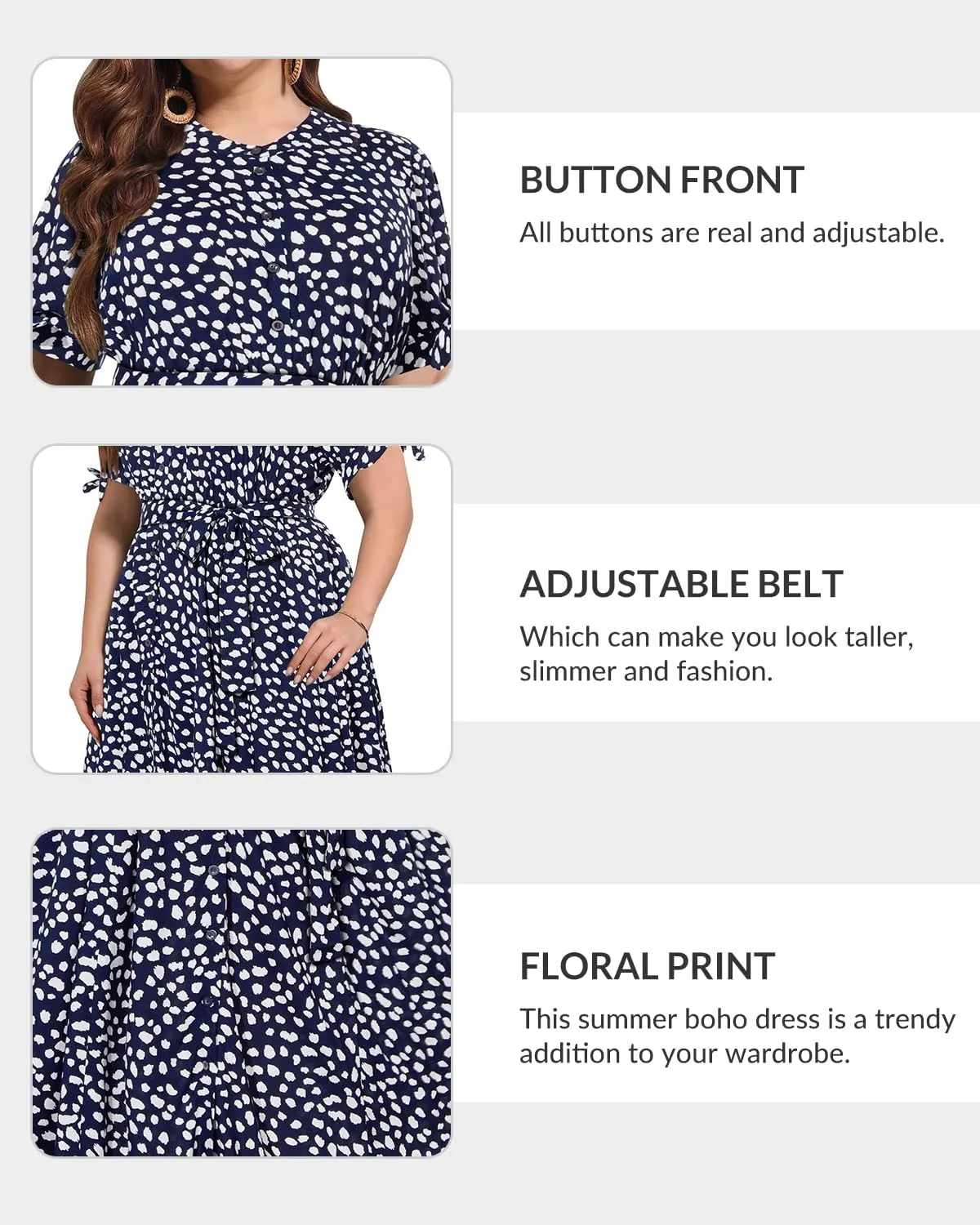 Pinup Fashion Summer Work Dress Plus Size - Office Casual Business Button Front Midi Dress with Pockets
