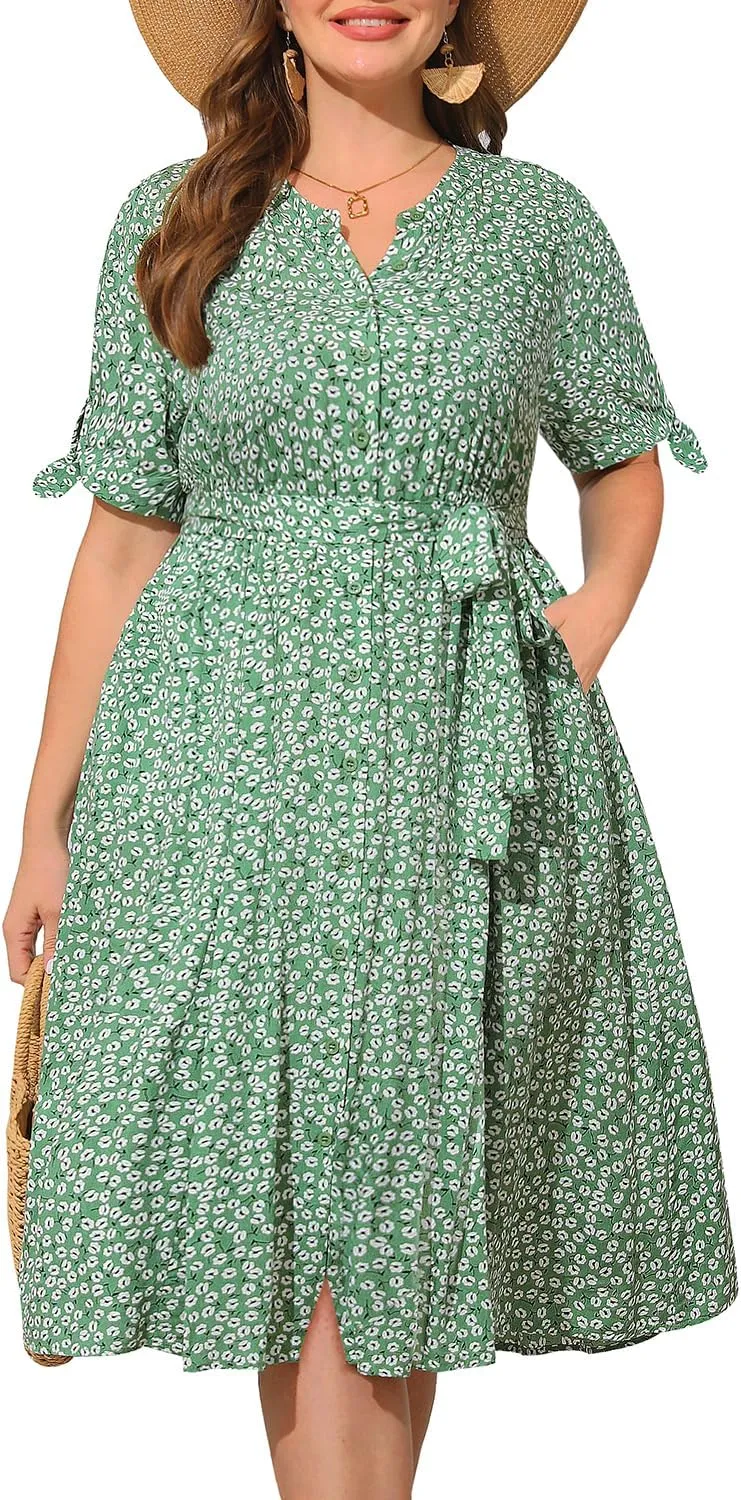 Pinup Fashion Summer Work Dress Plus Size - Office Casual Business Button Front Midi Dress with Pockets