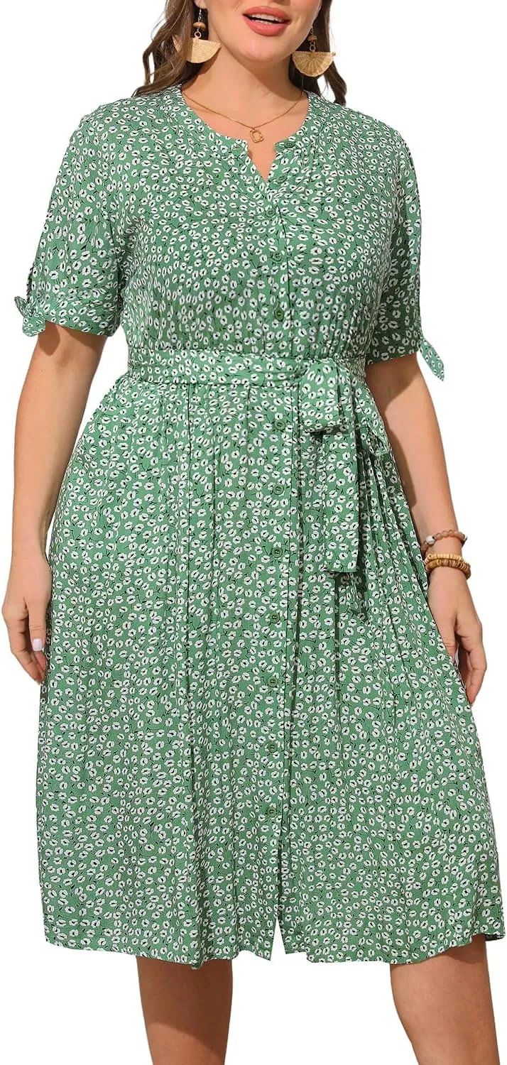 Pinup Fashion Summer Work Dress Plus Size - Office Casual Business Button Front Midi Dress with Pockets
