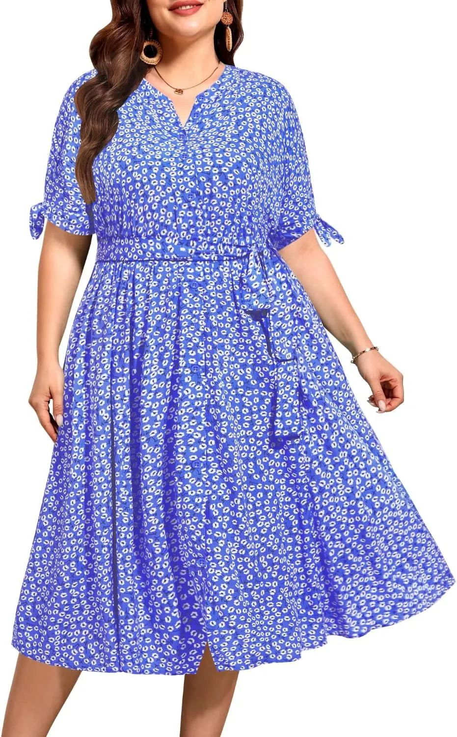 Pinup Fashion Summer Work Dress Plus Size - Office Casual Business Button Front Midi Dress with Pockets